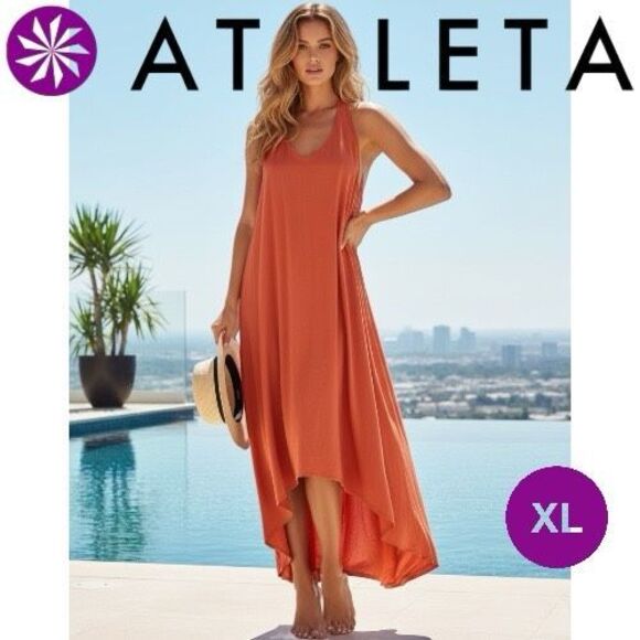 Athleta Women's XL Racerback High Low Sleeveless Midi Dress Orange Size - Picture 1 of 10